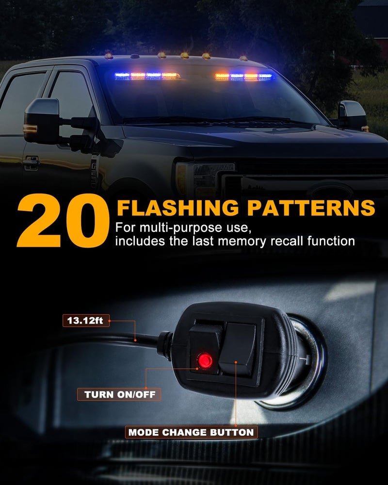 HLauto 6Z4J Emergency Dash Strobe Lights: 2x16.8 inch Blue Amber Safety Lights, 48 LED Flashing Warning Hazard Interior Windshield Visor Traffic Light Bar for Trucks, Construction Vehicles - Image 4